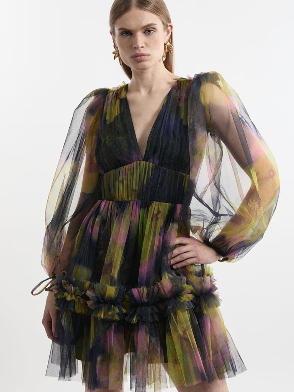 Karen Millen Black Multi Sheer Puff-Sleeve Tulle Mini Dress